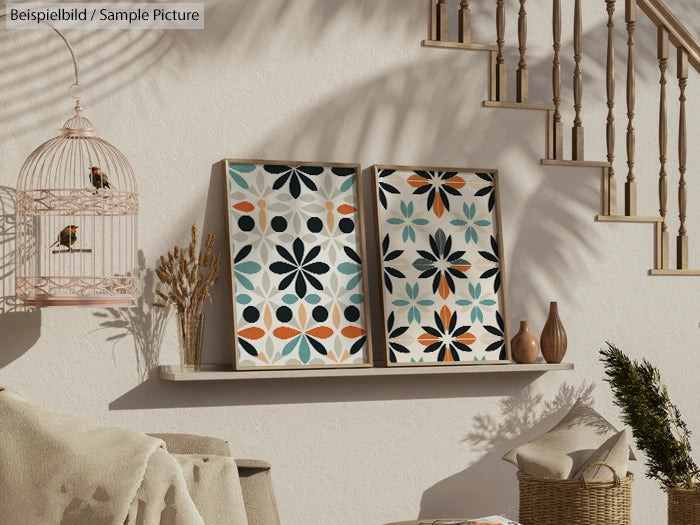 Two patterned artworks on a shelf with a decorative birdcage and plant under a stairway on a sunny wall.