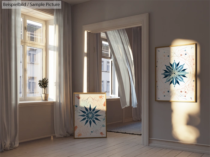 Sunlit room with abstract artwork, featuring blue star-shaped design, wooden floors, and sheer curtains.