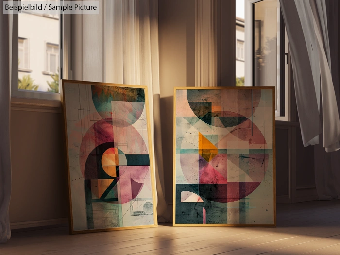 Two abstract paintings with geometric shapes leaned against a wall, lit by soft sunlight from nearby windows.