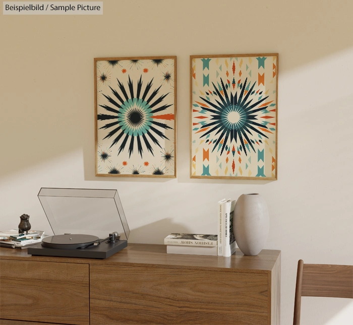 Wooden sideboard with a record player, books, and vases, under two abstract starburst pattern wall art pieces.