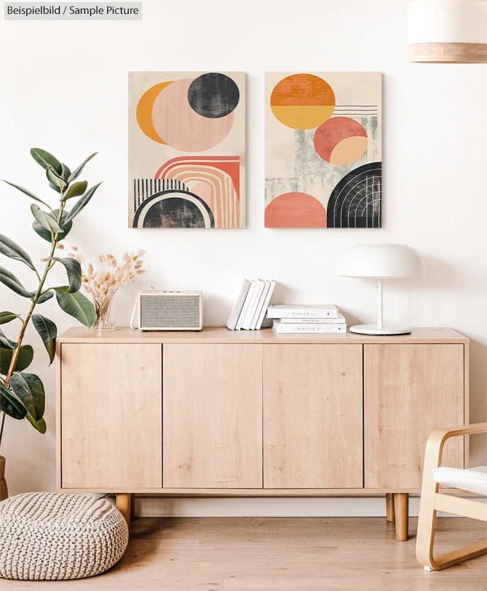 Modern living room with abstract wall art, wooden sideboard, potted plant, and white lamp on light wooden floor.