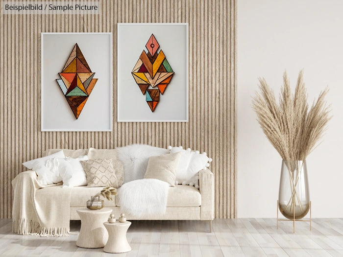 Minimalist living room with a beige sofa, geometric wood art on walls, pampas grass in vase, and wooden side tables.