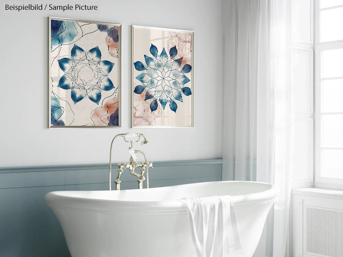 Modern bathroom with freestanding tub and two floral abstract paintings on the wall.