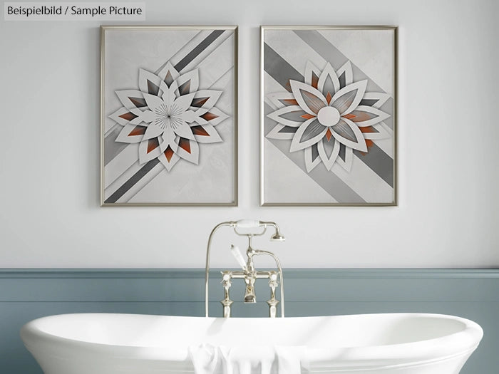 Modern bathroom with abstract floral artwork above a freestanding tub.