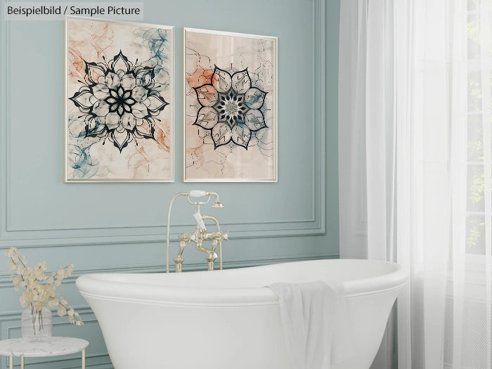 Elegant bathroom with a white bathtub and two framed floral abstract paintings on the wall.