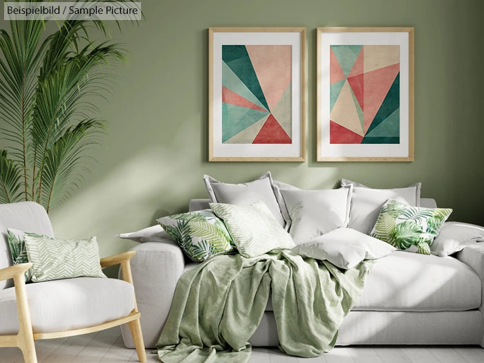 Modern living room with green theme, abstract art on walls, white sofa, green cushions and plants.