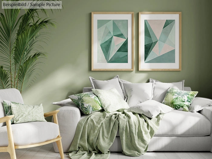 Stylish living room with green accents, geometric art, and potted palm. Sofa adorned with cushions and soft green throw.