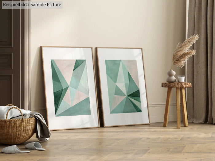 Two framed geometric paintings with green tones on a wooden floor beside a small table with dried pampas grass.