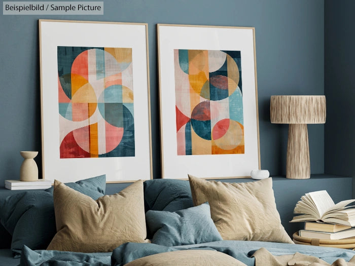 Modern living room with abstract art, beige pillows, and a textured lamp on a blue shelf.