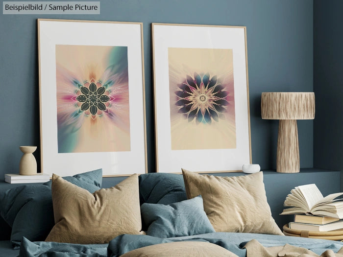 Modern living room with two abstract artworks and decorative items on a blue wall.