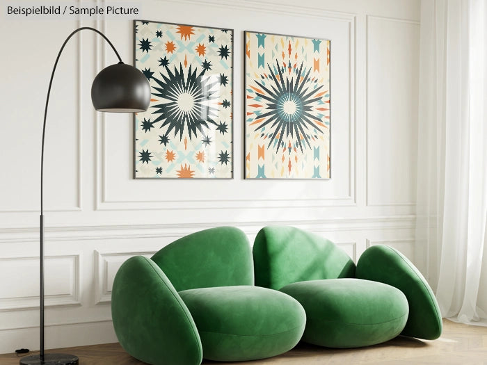 Modern living room with green sofa and abstract starburst art on wall, featuring an arc floor lamp.