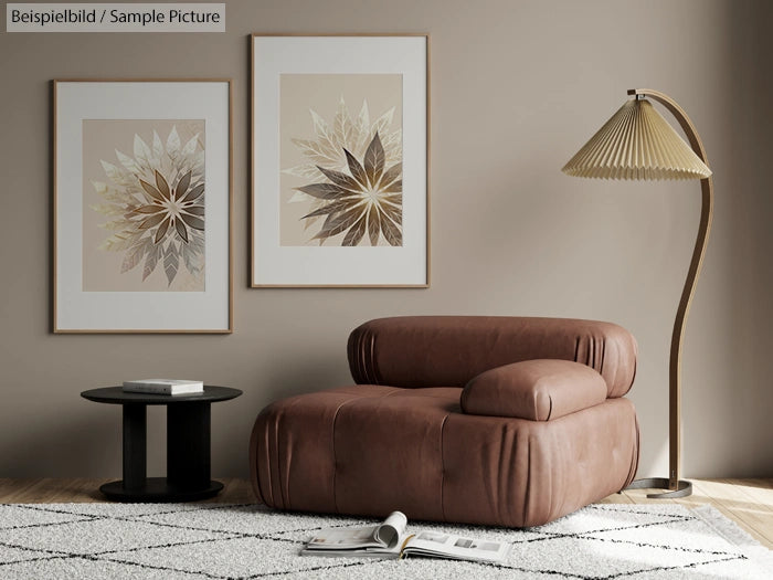 Modern living room with brown leather sofa, floor lamp, and two abstract leaf art pieces on beige wall.