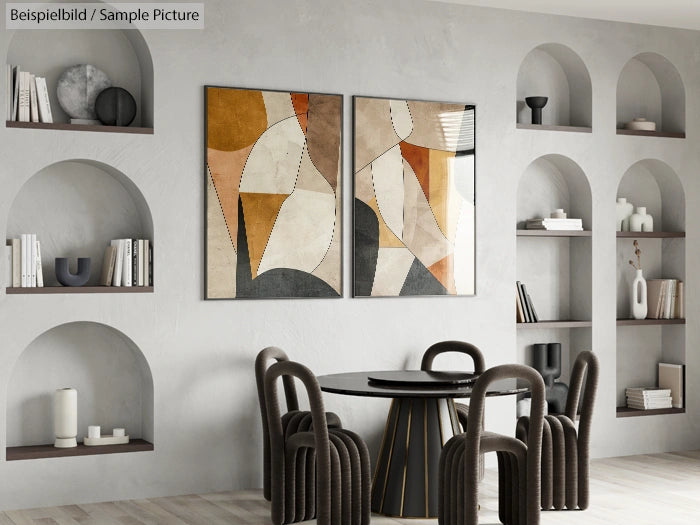 Modern dining room with abstract art, curved chairs, a round table, and built-in wall shelves displaying decor.