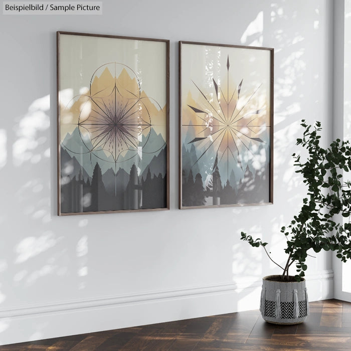 Two framed abstract geometric art pieces on a white wall, with green plant in a basket nearby on wooden floor.