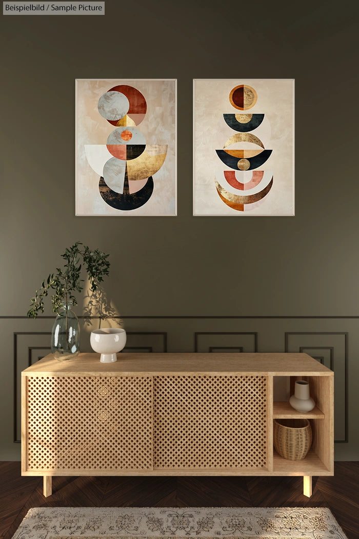 Modern interior with abstract art prints, a wooden cabinet, and a vase on a muted green wall background.