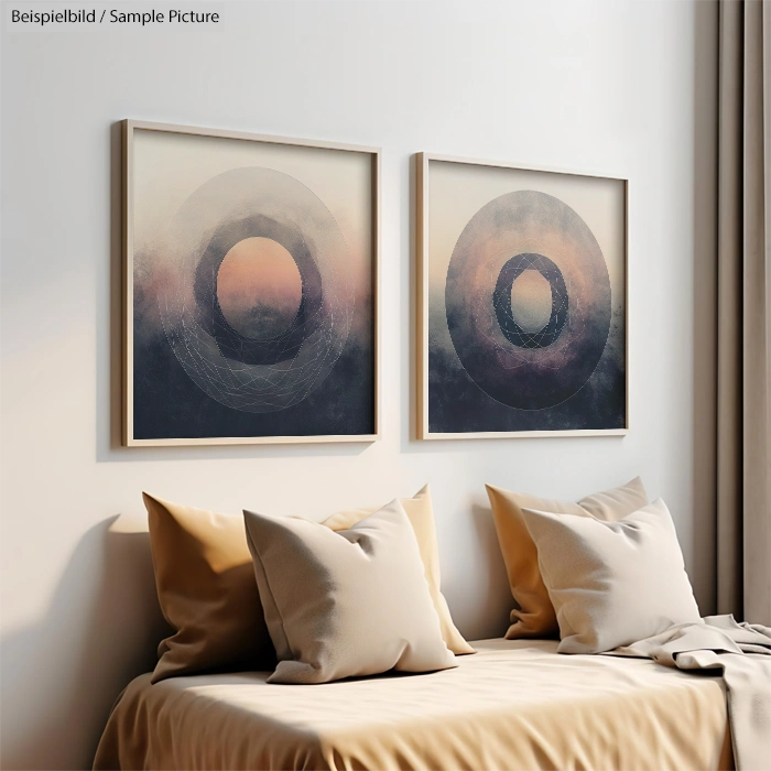 Minimalist bedroom with abstract circular art above a bed with tan pillows and neutral bedding.