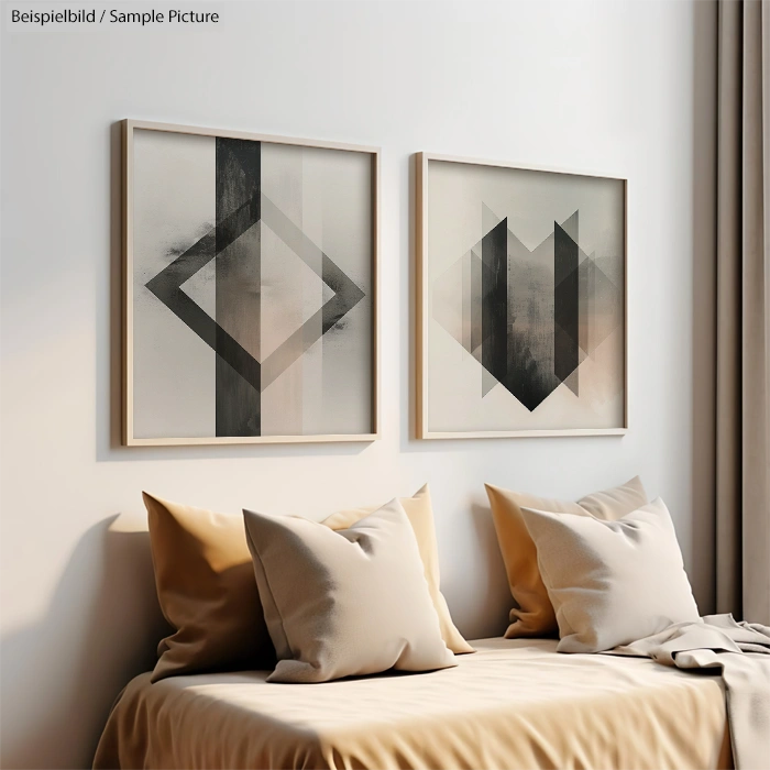 Minimalist bedroom with abstract geometric artwork and neutral decor.