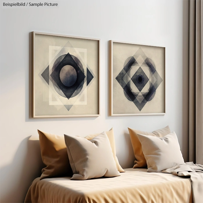 Modern bedroom decor with abstract geometric art and neutral pillows.