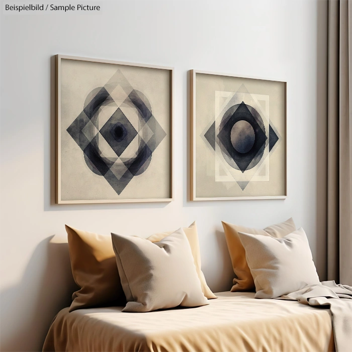 Modern living room with geometric art above sofa, featuring abstract diamond and circle patterns in monochrome.