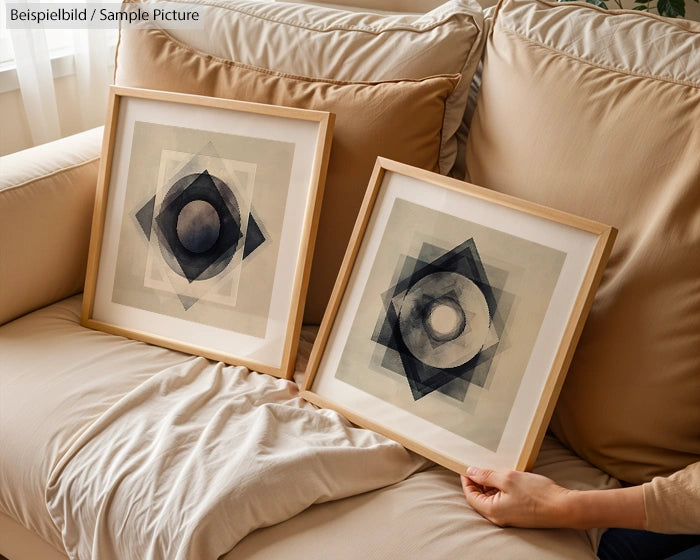 Person holding two framed geometric abstract art prints with circular designs on a beige sofa.