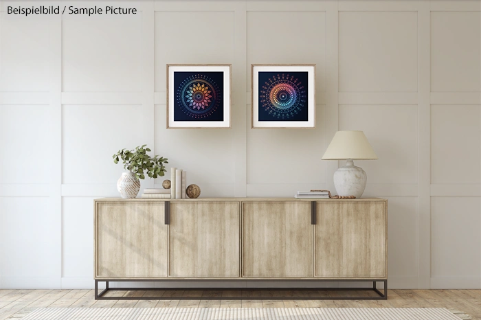 Modern living room with a wooden sideboard, two colorful mandala artworks, a lamp, and decorative plants.