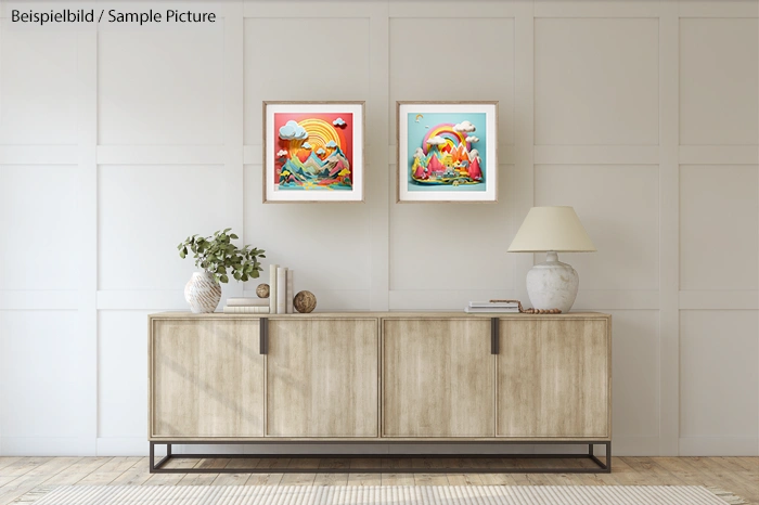 Modern living room with a light wood cabinet, two vibrant artworks, a lamp, and a potted plant on display.