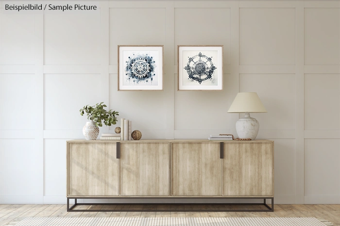 Minimalist living room with wood sideboard, plants, lamp, and two abstract framed artworks on wall.