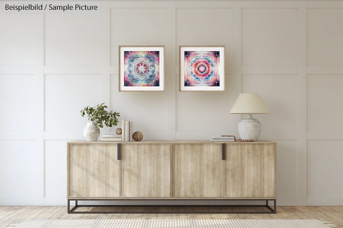 Modern living room with wooden sideboard, two framed abstract artworks, and ceramic lamp on top.