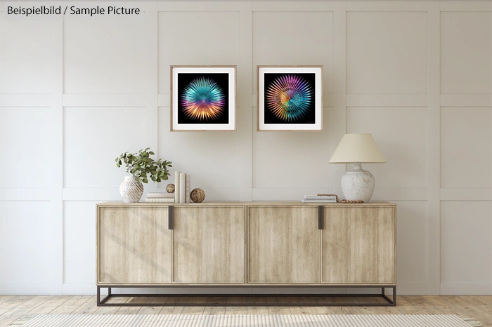 Modern living room with wooden sideboard, decorated with two colorful abstract art pieces and a lamp.