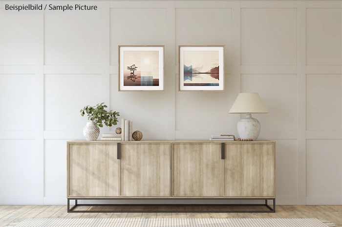 Minimalist living room, light wood sideboard, two landscape artworks, a lamp, books, and a plant on top.