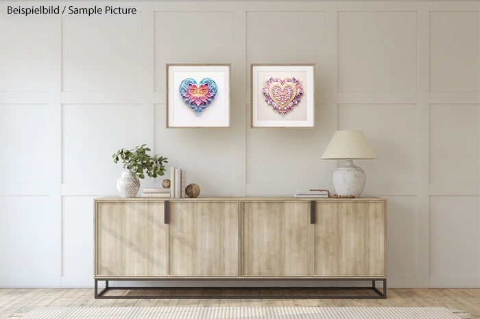 Modern living room with heart-shaped artwork, wooden sideboard, lamp, and potted plant against a paneled wall.