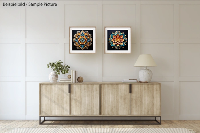 Stylish living room with modern wooden sideboard, two framed artworks, plants, and decorative items on bright wall.