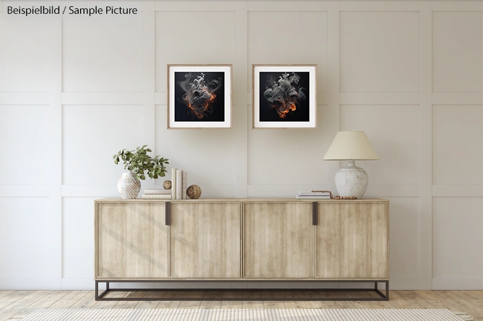 Modern living room with wooden sideboard, two abstract framed artworks on wall, lamp, plant, and decorative items.