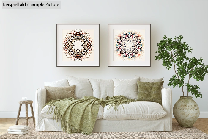 Minimalist living room with a white sofa, green throw, pillows, potted plant, and two framed geometric artworks on the wall.