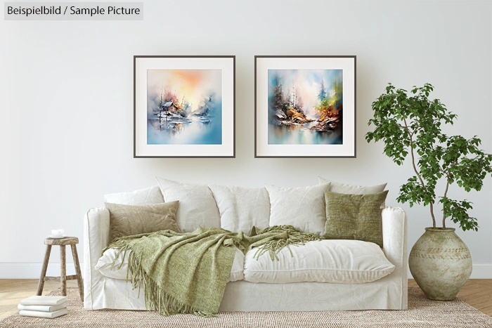 Cozy living room with a white sofa, green cushions, and two abstract paintings on the wall.