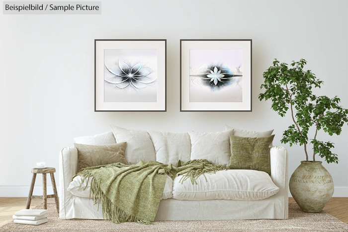 Modern living room with white sofa, green cushions, plant, and abstract art on the wall.