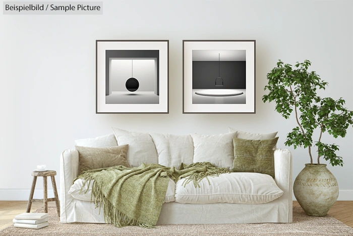 Modern living room with white sofa, green cushions, and framed minimalist art on the wall.