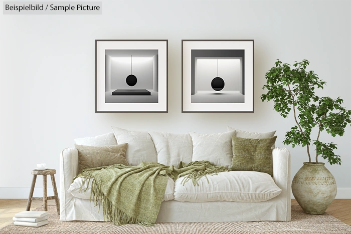 Modern living room with sofa, green pillows, and two minimalistic framed pictures on white wall; potted plant on the side.