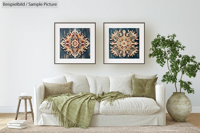 White couch with green pillows, mirrored abstract art frames on wall, and a potted plant beside.