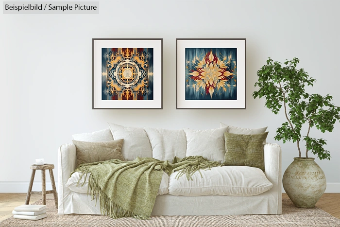 Elegant living room with beige sofa, green pillows, plant, and two framed abstract artworks on the wall.