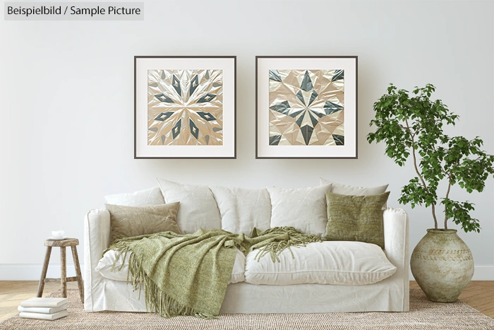 Contemporary living room with white sofa, green throw pillows, abstract wall art, and a potted plant.