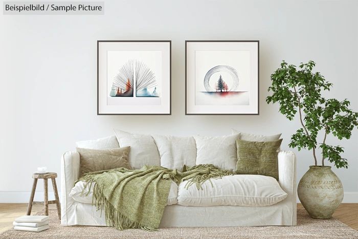 Cozy living room with a white couch, green throw blanket, and framed abstract art on the wall.