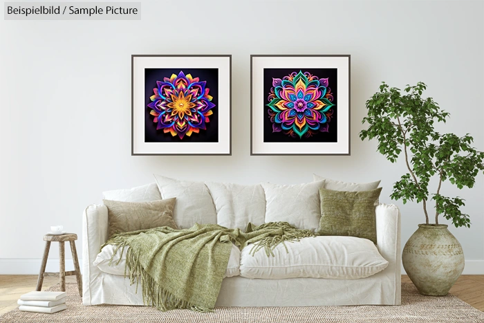 Modern living room with white sofa, green pillows, blankets, and two colorful mandala artworks on the wall.