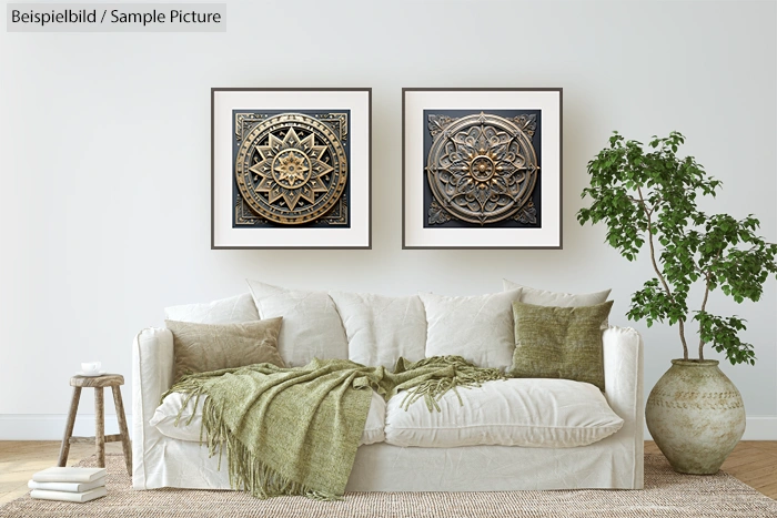 Elegant living room with ornate framed artworks, white sofa, green cushions and throw, potted plant, and neutral decor.