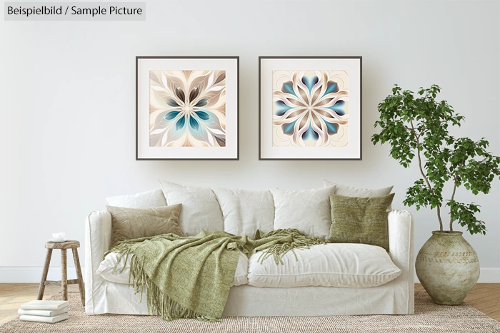 White sofa with green cushions, two abstract flower paintings above, and a potted plant on the right.