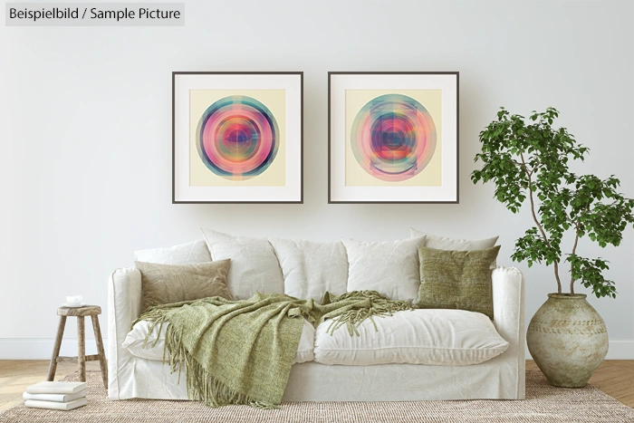 Modern living room with beige sofa, green pillows, abstract circle artworks, and a large floor plant in a pot.