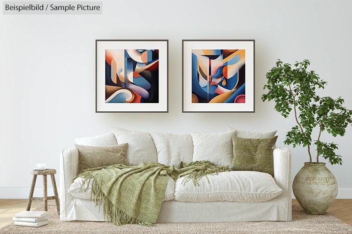 Modern living room with white sofa, green pillows and throws, abstract art on the wall, and a potted plant.