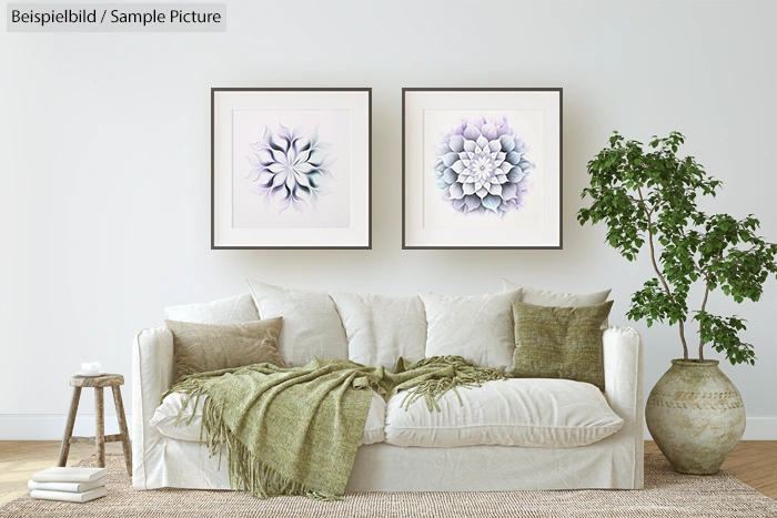 White sofa with green cushions and plant, framed floral art on wall.