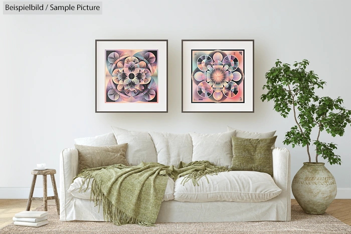 Cozy living room with a white couch, green cushions, and abstract art on the wall. Indoor plant adds a natural touch.