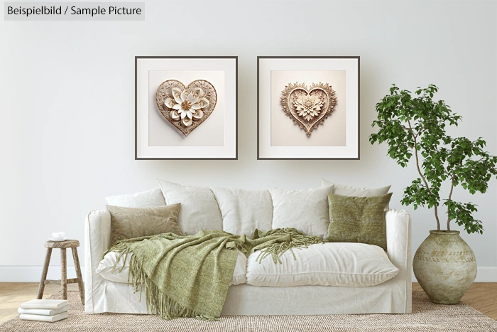 Living room with white sofa, green pillows, and heart-shaped art on the wall above. Potted plant on right side.